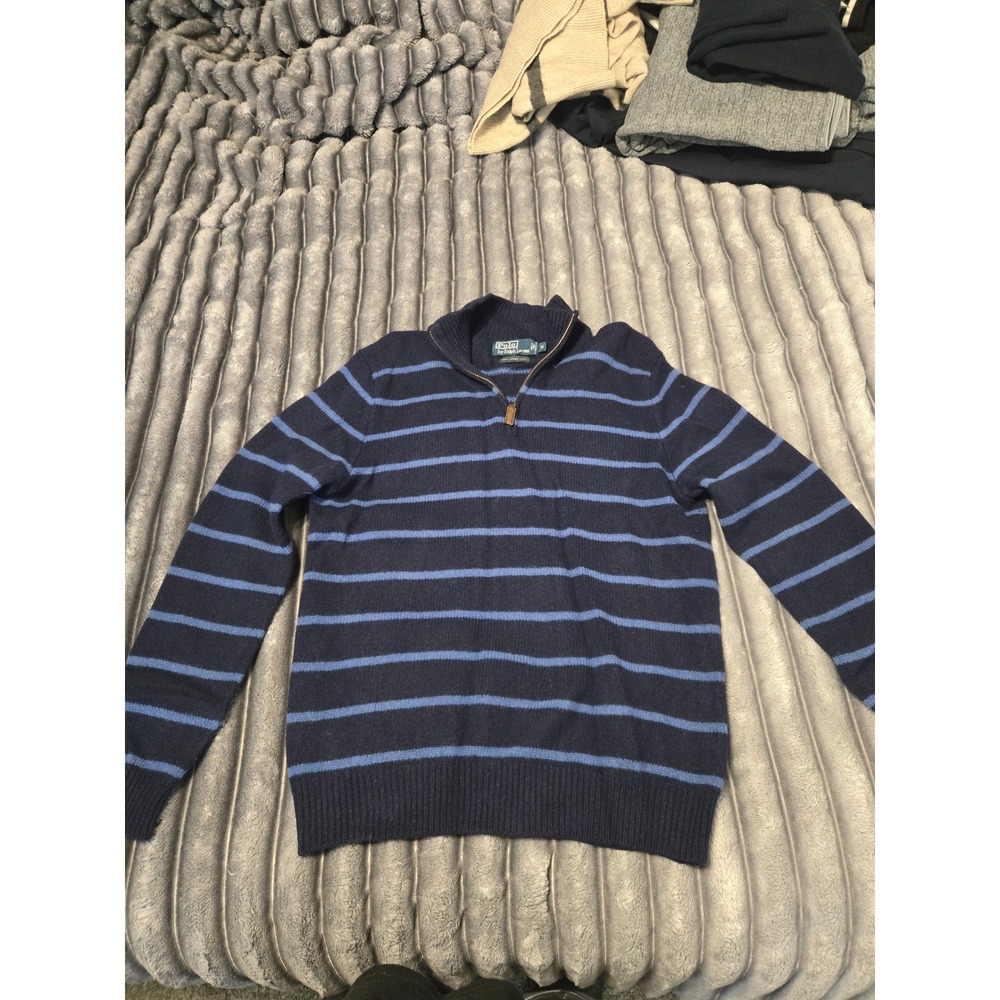 Polo Ralph Lauren Mens Medium Navy Striped 100% Lambswool Quarter Zip Sweater
